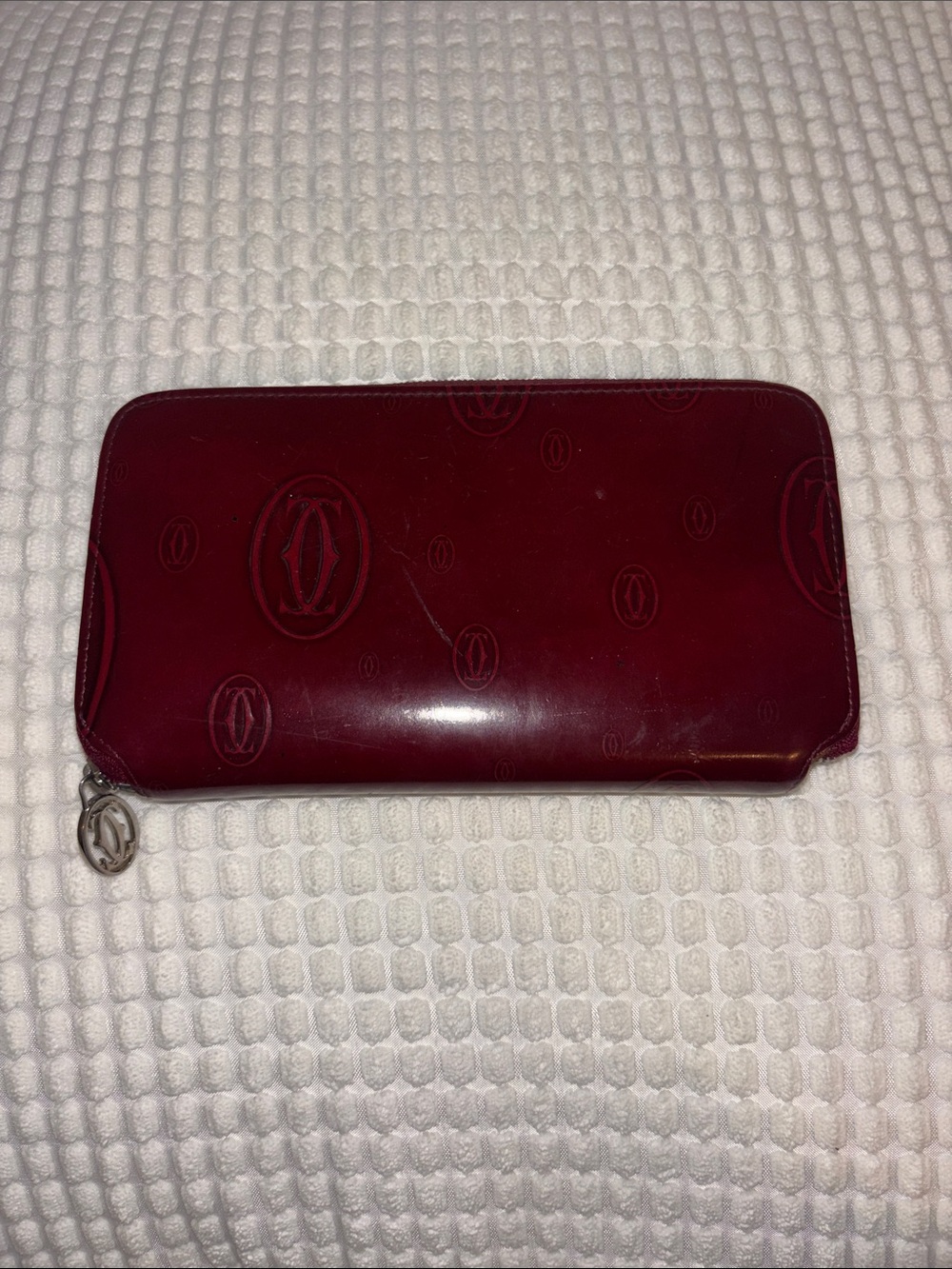 Vintage Cartier Burgundy Patent Leather Happy Birthday Zip Wallet